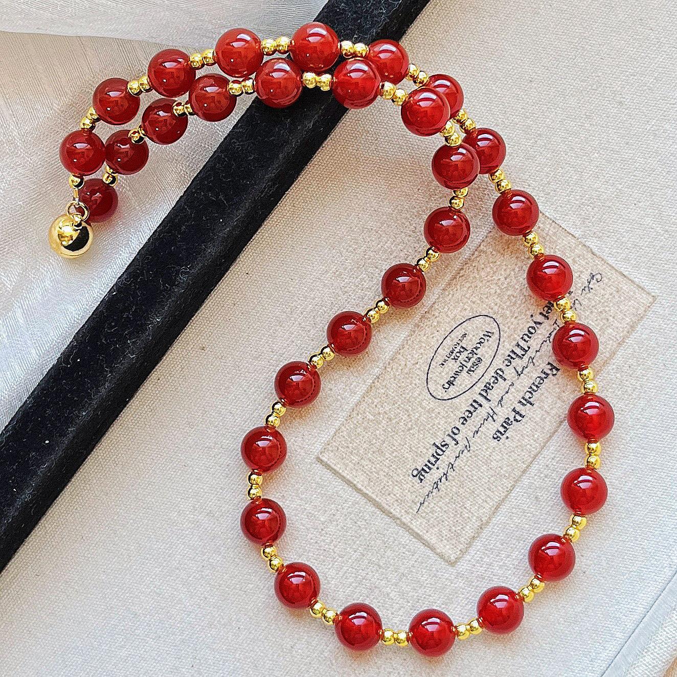 

Vintage High Quality 7A Pigeon Blood Red Chalcedony Design Sense Sweater Chain Necklace Collarbone Chain Female