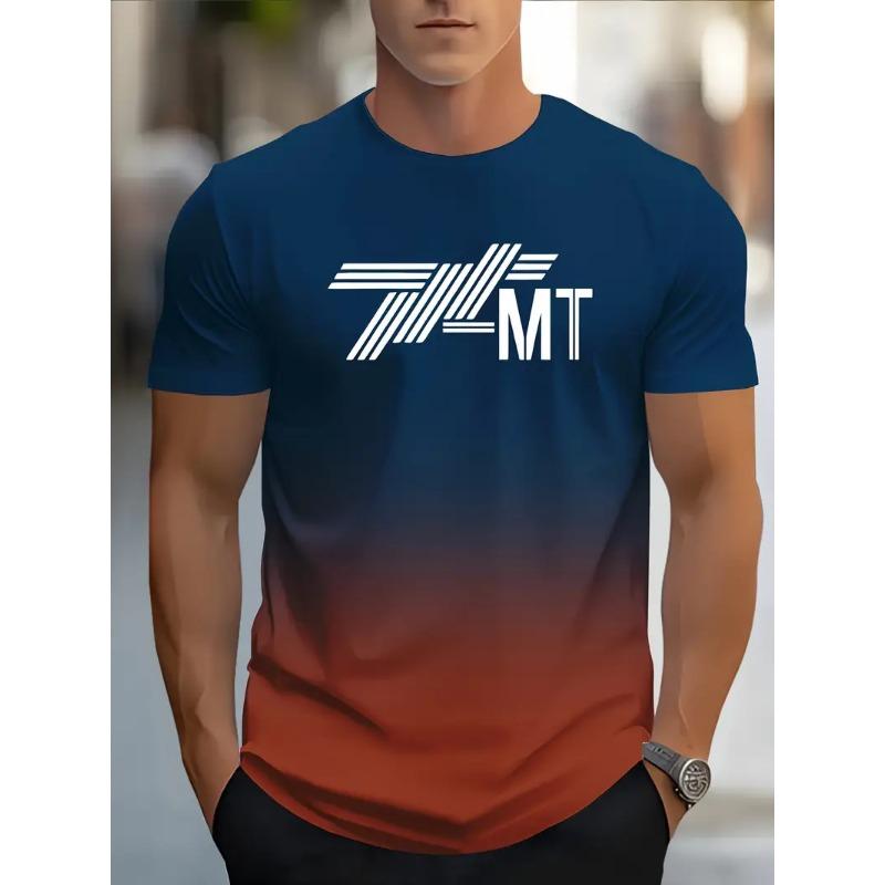 Men's 3D Gradient Solid Color Print T-shirt - Short-sleeved Breathable Polyester Round Neck Casual Streetwear Top