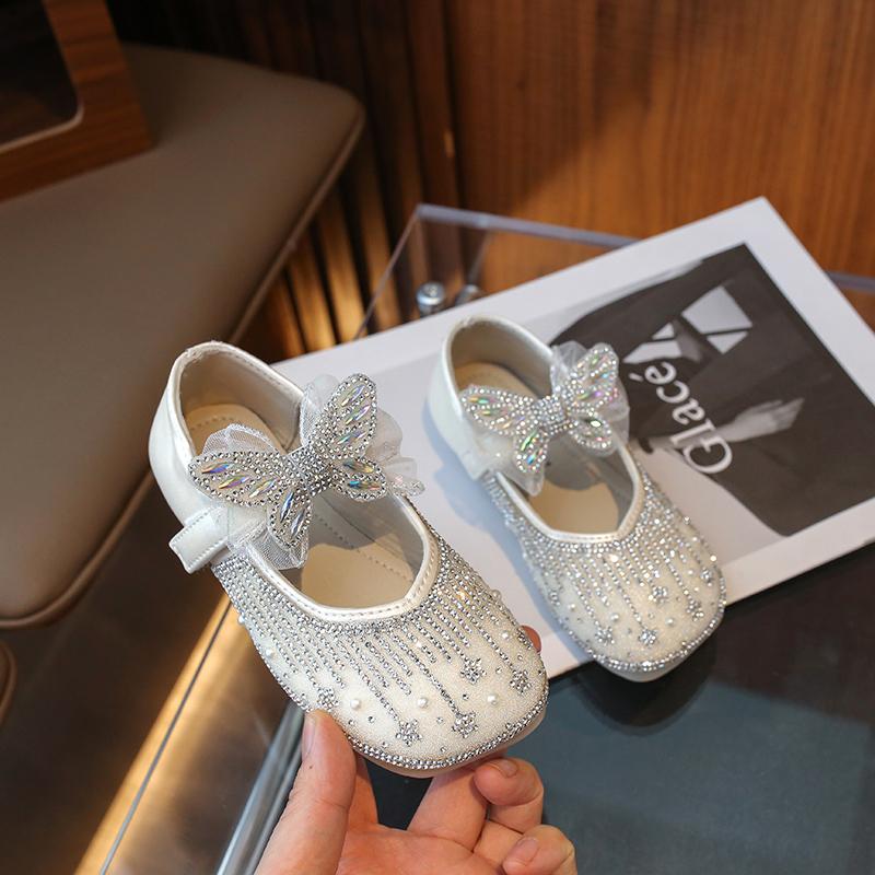 Girls Mary Janes for Party Wedding Shows Cute Children Fashion Butterfly 2024 New Rhinestones Elegant Princess Flats Korean Wind