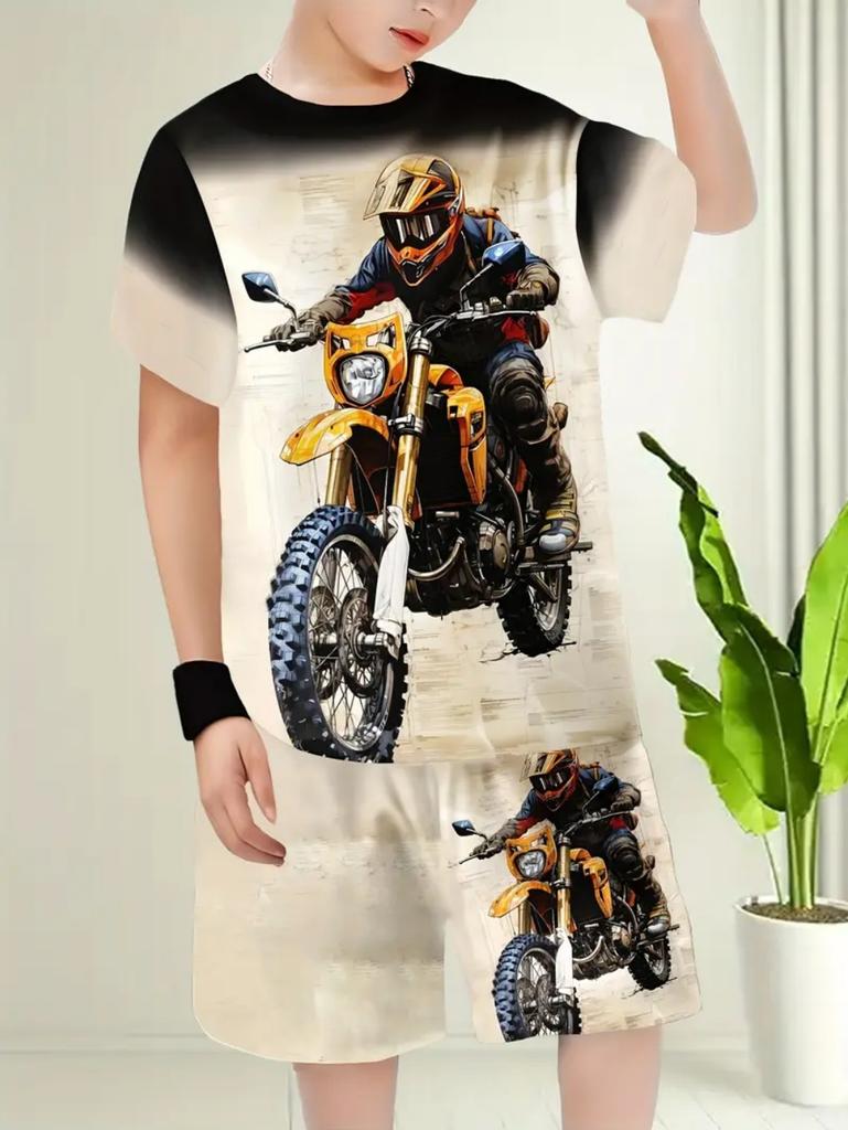 Ensembles pour Enfants Impression Moto Ensemble Haut et Bas d'Été pour Enfants Vêtements d'Extérieur Décontractés Confortables pour Enfants