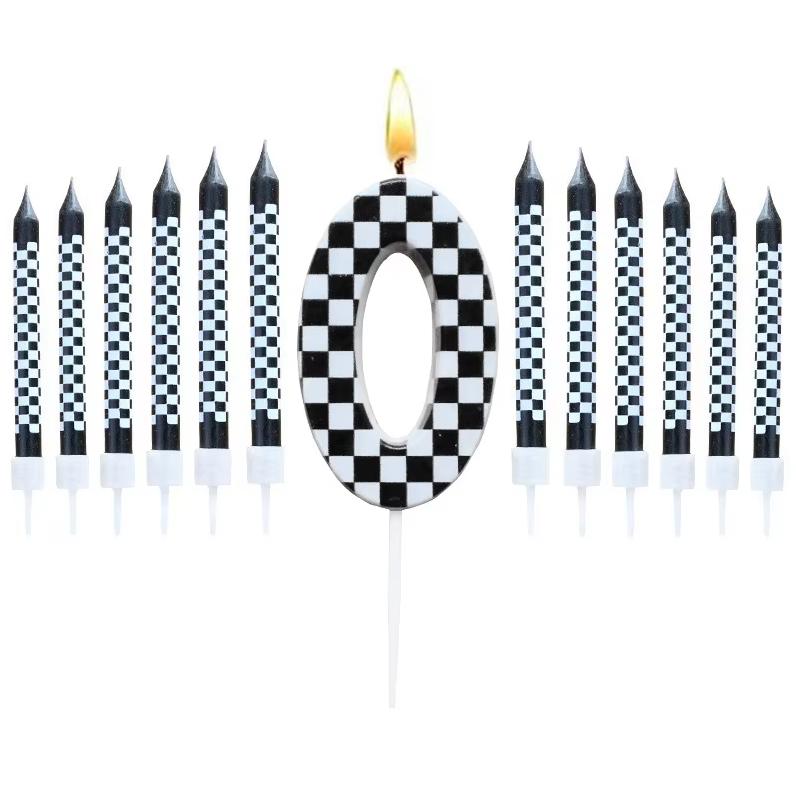 1/6/12/13 Pcs Racing Cars Themed Birthday Candles Black and White Race Number Checkered Candle Cake Topper for Racing Car Party