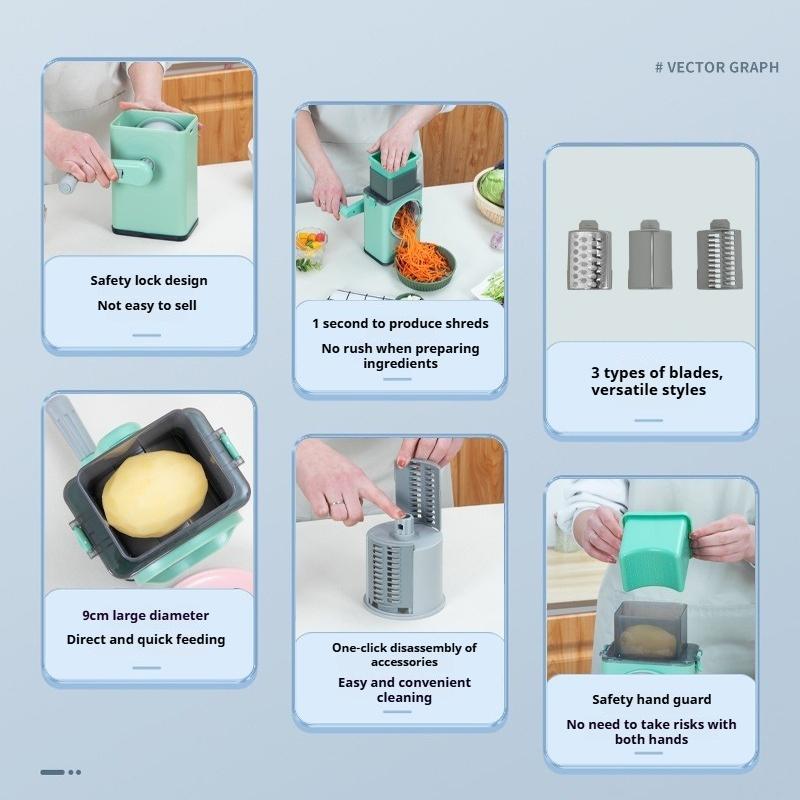 Hand Cranked Kitchen Cutter, 9cm Wide Mouth 3 Blades for Slicing/Shreddng/Chopping, Multipurpose Practical Household Tool