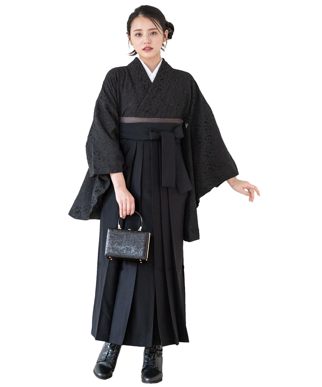 

[SOUBIEN] Soubien Hakama Set for Graduation Ceremony, Women s, Black, Lace, Floral, 2 shaku 4 sun (91 cm)
