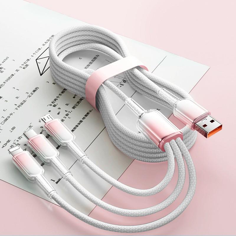 Crystal Gradient Braided Three-in-One Charging Cable for Huawei, Apple, and Android.