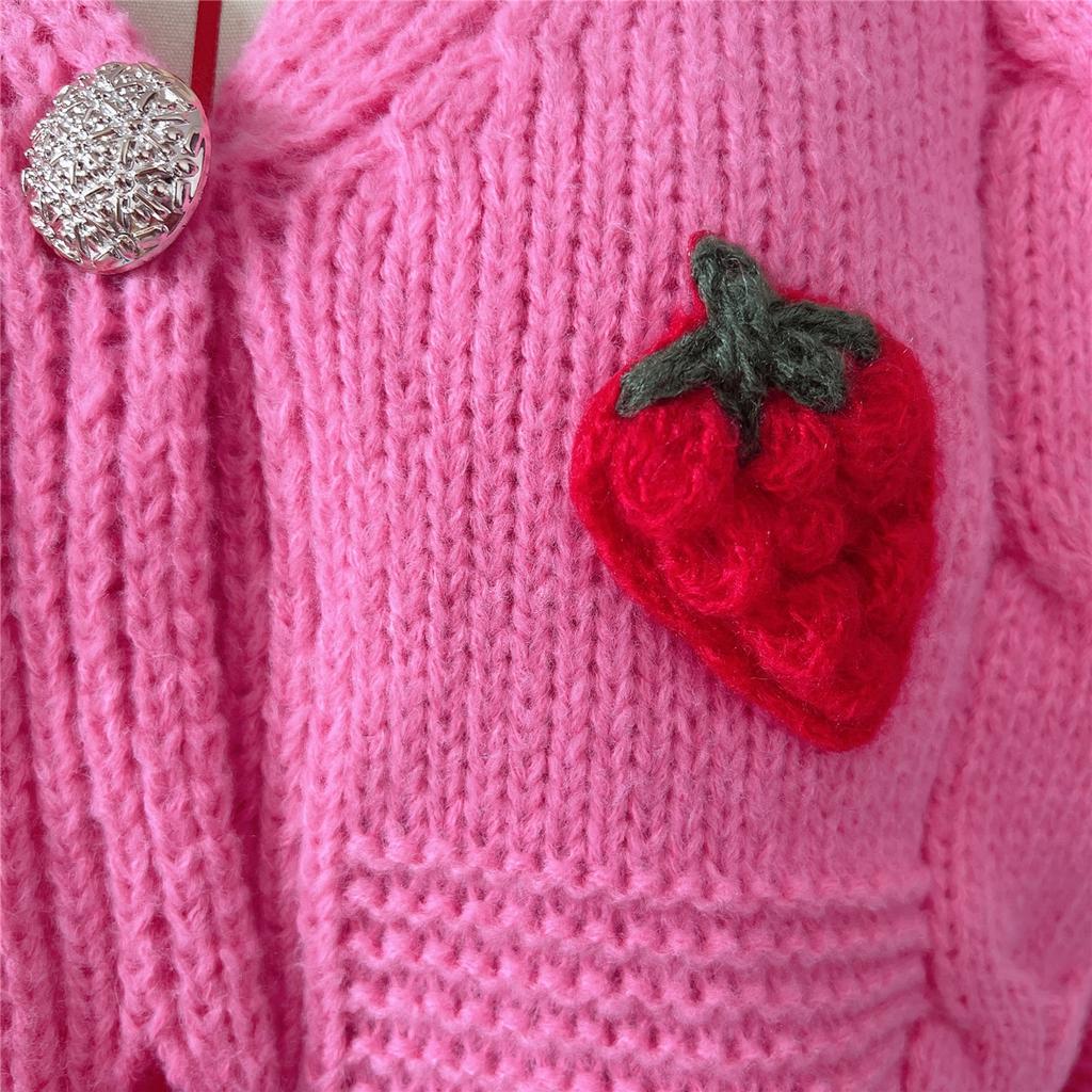 Casual Loose Strawberry Embroidery Thick Fried Dough Twists Single Breasted Knitting Sweater Coat Cardigan Women 3590 KTB