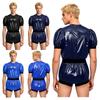 Men‘s Waterproof Shiny Romper S-3XL Short Sleeve Back Zipper Elastic Band One Piece Jumpsuit for Nightclub Wear and Adult Incontinence Care