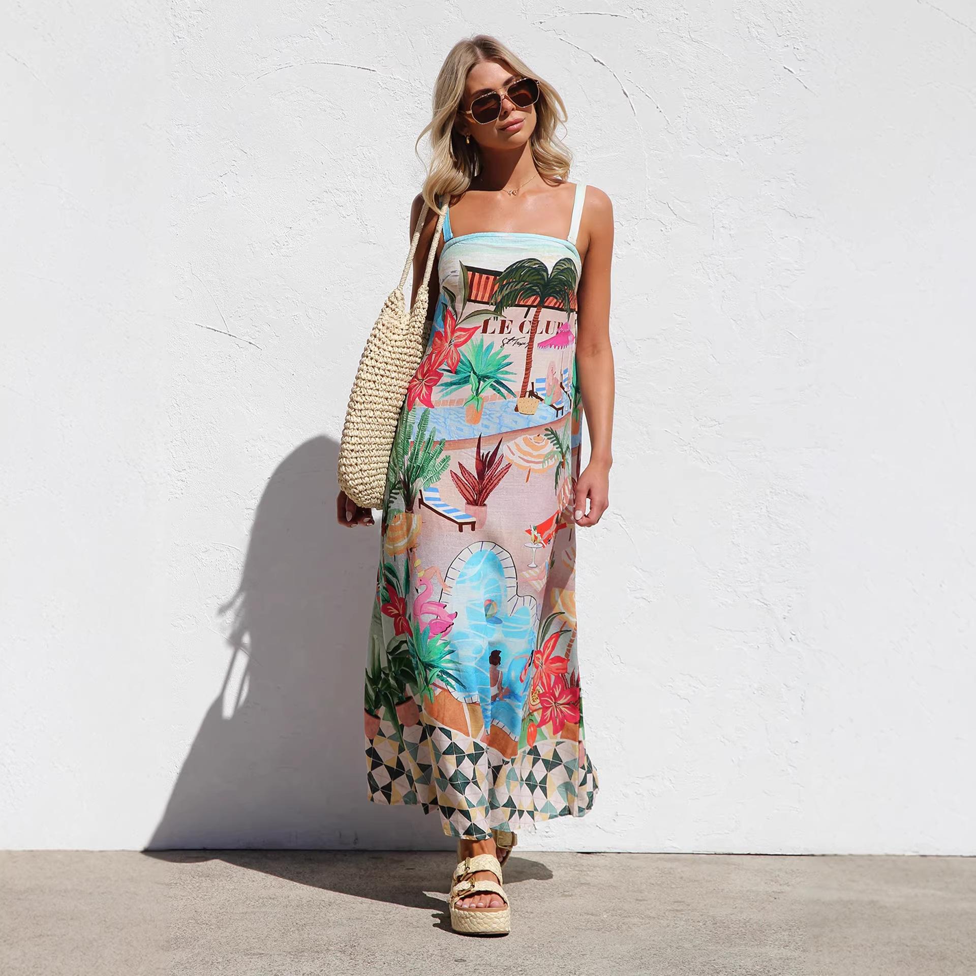 New European and American sexy suspender graffiti linen print large pendulum dress for women S