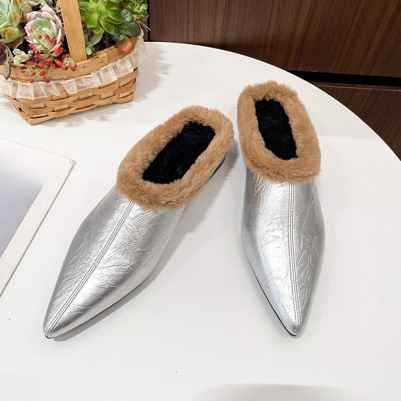 Winter New Pointed Toe Deep Mouth Soft Sole Non-slip Padded Velvet Soft Sole Block Heel Shoes Baotou Slippers