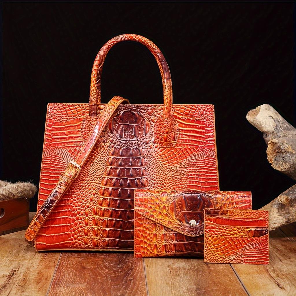 3 Pcs Crocodile Pattern Handbag & Purses Set, Multi-functional Vintage Top Handle Crossbody Bag & Business Clutch Bag & Card Coin Purse