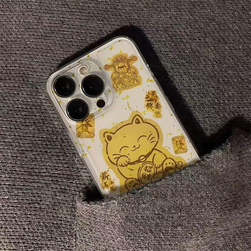 Gold foil lucky cat space phone case is suitable for Apple 16 transparent iphone14 protective case 1512proXR