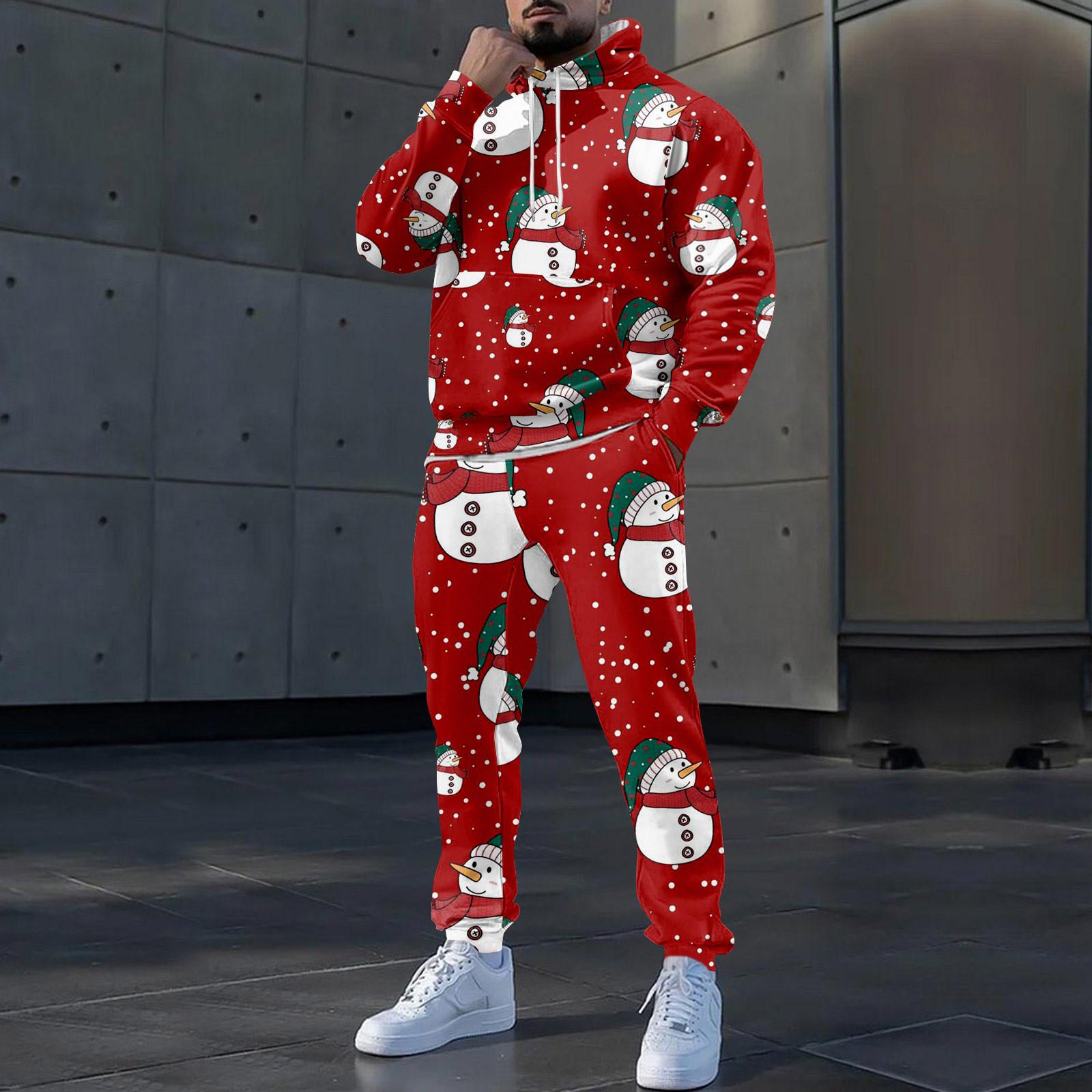 

Мужские зимние рождественские принты с длинным рукавом толстовки с капюшоном толстовка брюки костюм L винный