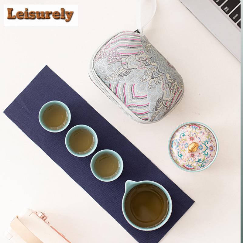 Chinesische Emaille Farbe Reise Tee Set Kit Luxus Set von Tassen 1 Kanne 3 Tassen Teebereiter Trennung Tee Set Tragbare Vorratstaschen Handwerk