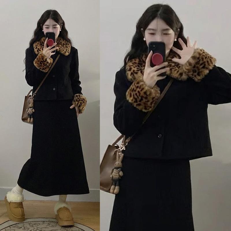 

Women s Winter Leopard Print Wool Coat & Skirt Set - Plus Size, Thick Plush, Color Block Design M