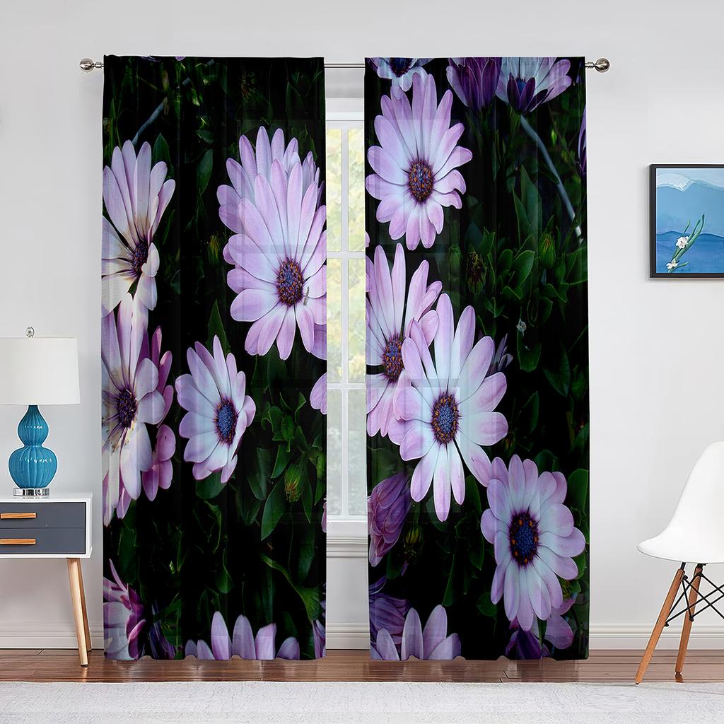 Spring Blooming Purple Flowers Sheer Voile Curtains for Kitchen Living Room Bedroom Decor Modern Tulle Curtain Window Treatment