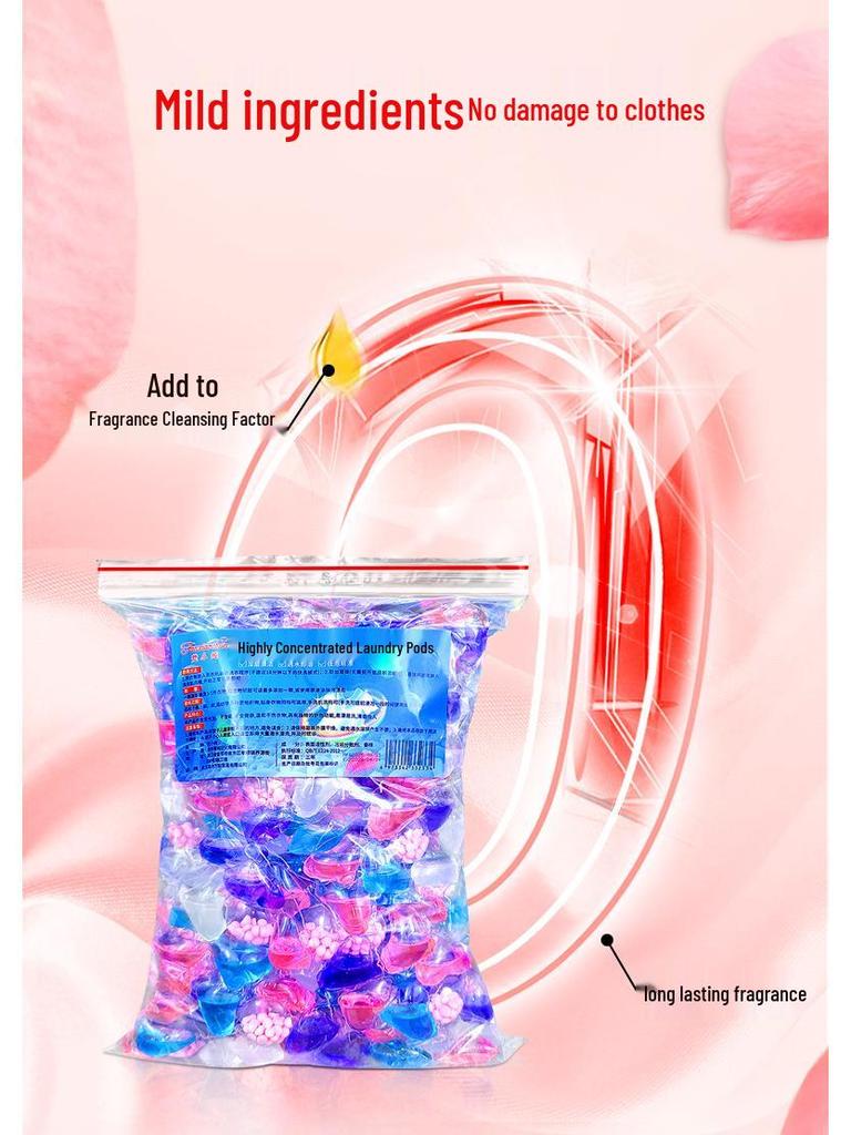 100-piece pack of five-in-one laundry pods with fragrance, softening, stain removal, and five-chamber design.