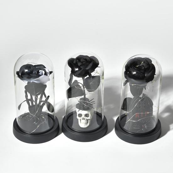 Preserved Black Roses in Glass Dome Halloween Light-up Eternal Flower in Cloche with Skull Pumpkin Statue for Home Kitchen Mantel Tabletop Decor