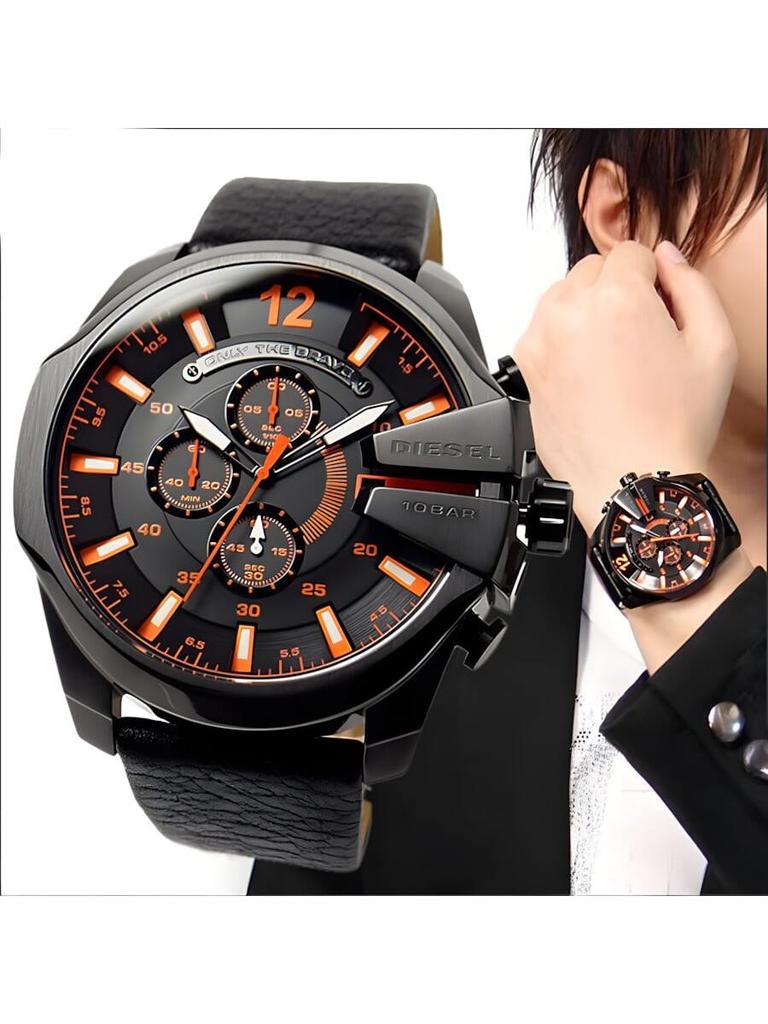 Meg Chief Classic Casual Men's Quartz Watch DZ4291 51mm Black Round Dial and Leather Strap Watch