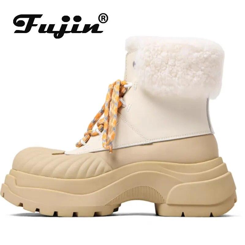 

Fujin/6 см синтетические женские удобные ботильоны на танкетке, зимние плюшевые ботильоны из натуральной кожи, модные теплые британские ботильоны 35 бежевый