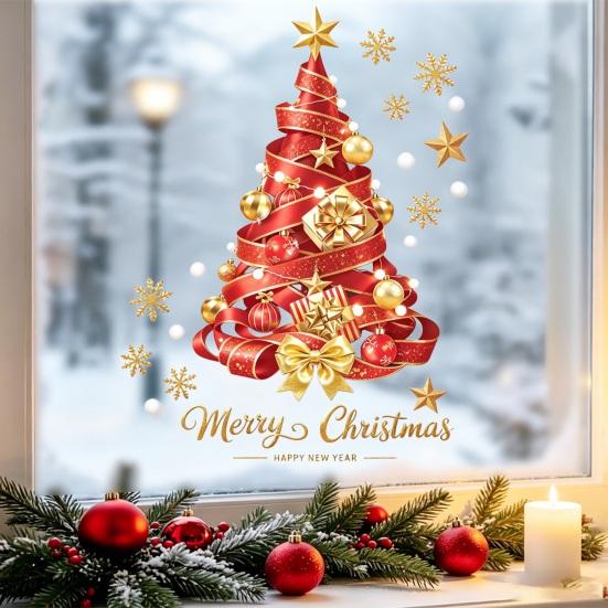 Reusable Glass Film 2Pcs Christmas Tree Static Stickers, Red Ribbon Window Clings, Clings Removable PVC Stickers for Home Store Doors Decorations