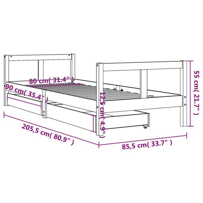 VidaXL Cadre de Lit pour Enfants avec Tiroirs, Lit Simple avec Tête de Lit et Pied de Lit, Meuble de Chambre, Scandinave, 834407