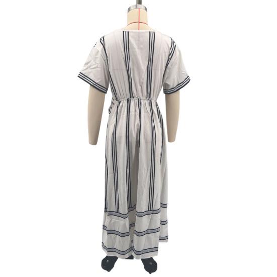 Maxi Robe d'Été pour Femmes Rayée Manches Courtes Col en V Robe évasée Décontractée Vacances à la Plage Fluide Robe d'été coupe A