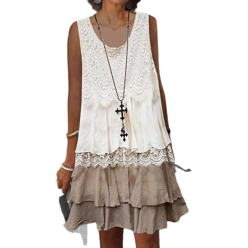 2024 Women's High-End Lace Stitching Sleeveless Holiday Dress