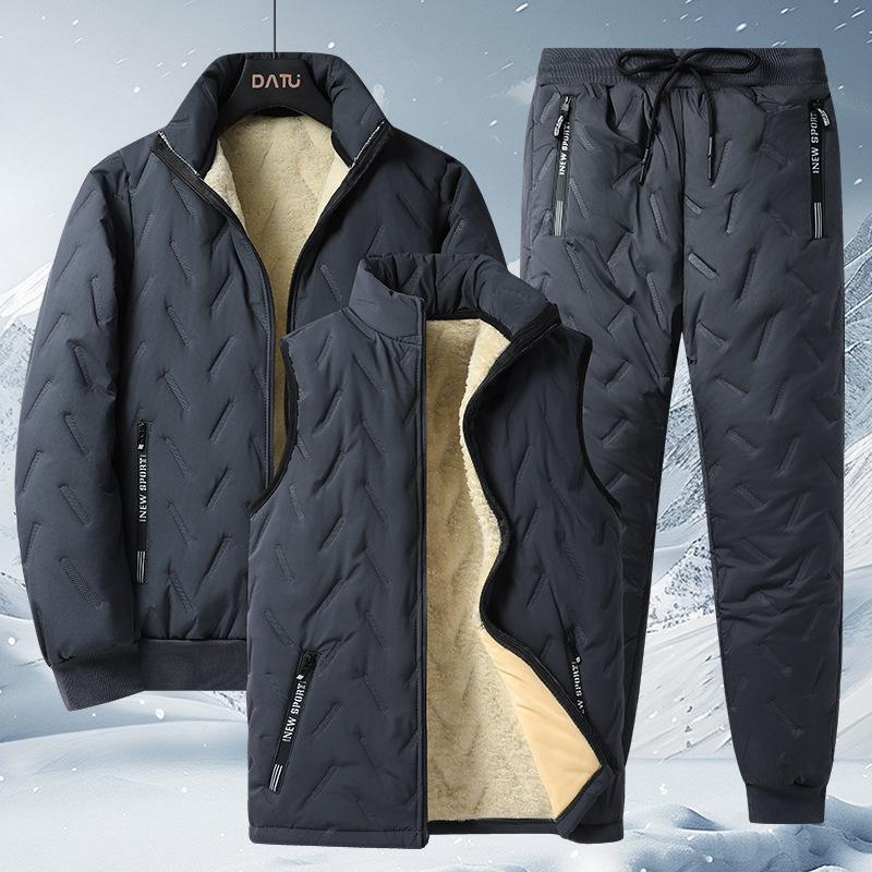 Autumn and Winter New Men's Warm Three-piece Set Stand-up Collar Lamb Wool Vest Jacket Ultrasonic Cotton Pants