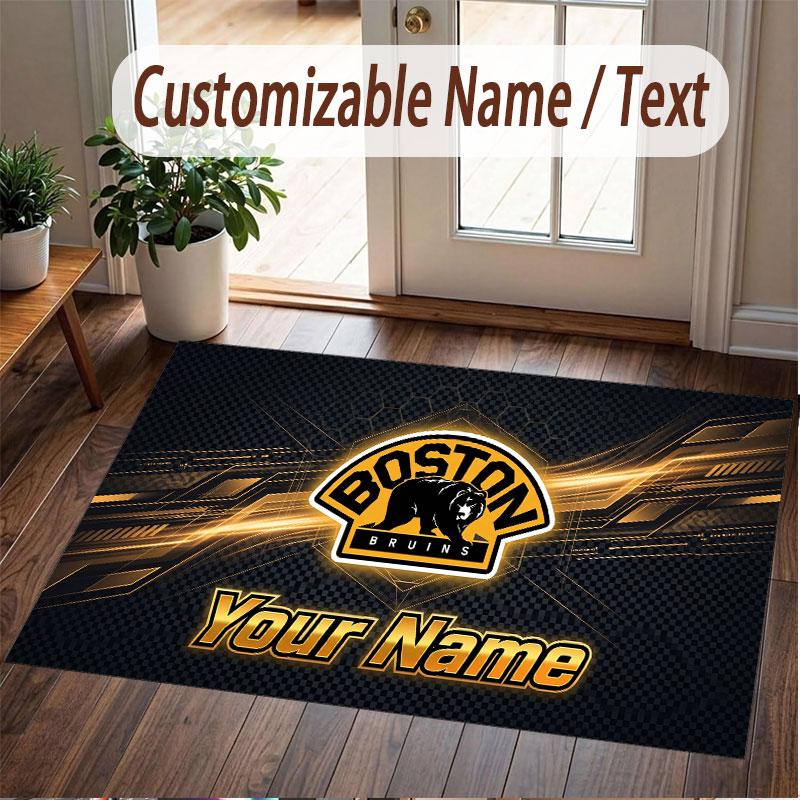 Custom Rug Boston Bruins Pattern Print Name Text Soft Non‑Slip Floor Carpet for Home Indoor Decoration