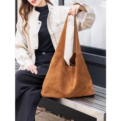 Women's Deer Skin Suede Tote Bag Cowhide Autumn Winter Casual Commuting Shoulder Bag Feng Shui Bucket Style