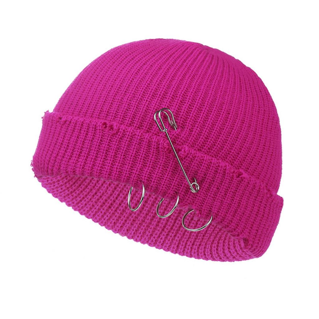 Fall And Winter Trendy Solid Color Safety Pin Iron Ring Knitted Wool Hat, Vintage Holey Pullover Wool Hat