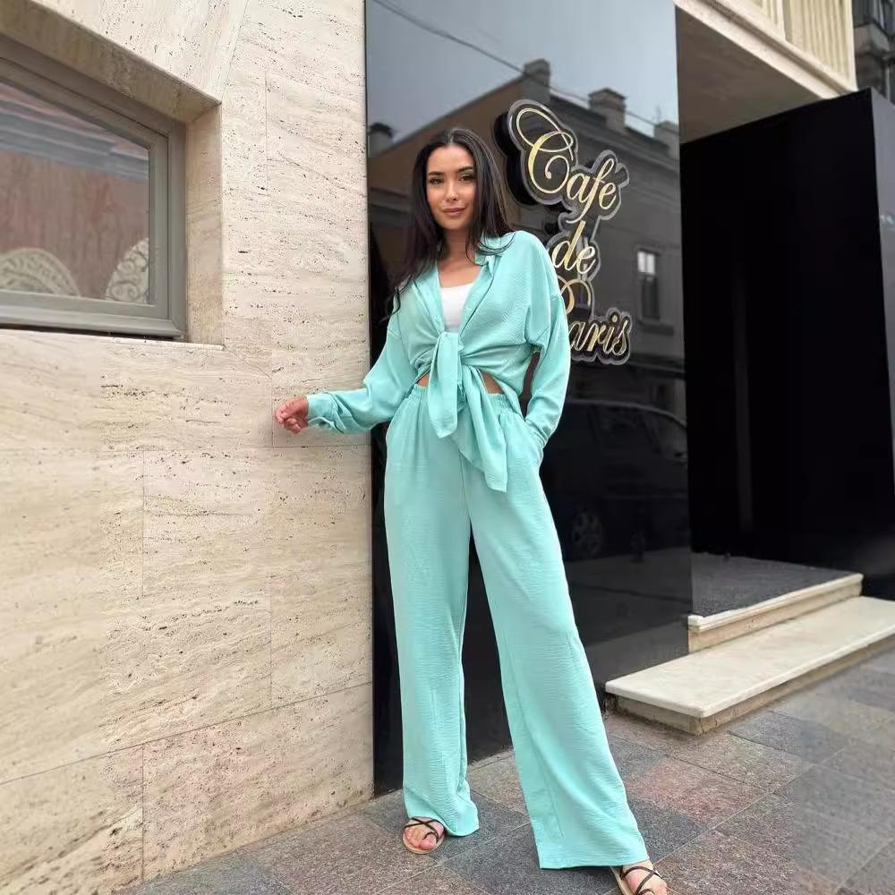 2024 European & American Style Autumn Solid Color Lapel Long Sleeve Shirt & Casual Pants Two-Piece Set