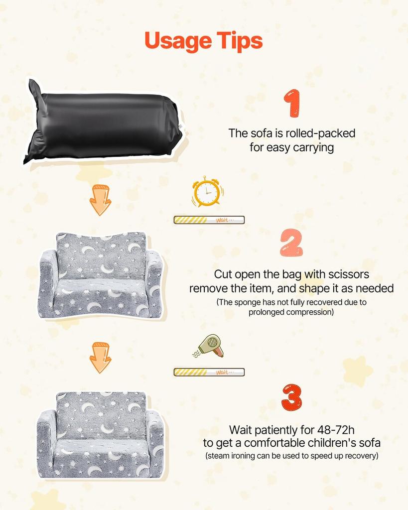 2-in-1 Kids Sofa, Foldable Toddler Soft Couch with Armrests, Glow in the Dark Kids Couch Fold Out with 28D Sponge & Flannel, Convertible Toddler Chair