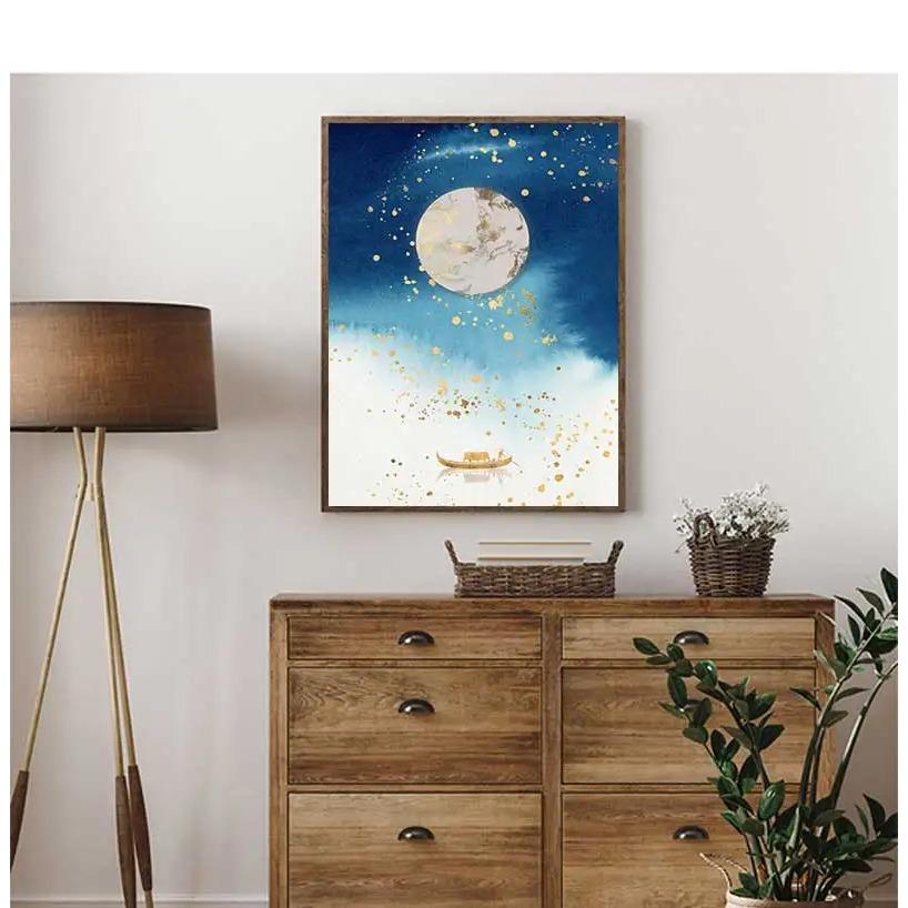 Painting Big Blue Poster Print Luxurious Wall Art For Living Room Aisle Gold Tableaux Picture Abstract Gold Fish Chinese Canvas