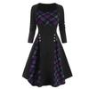 Abito da donna a maniche lunghe con bottoni finti patchwork scozzese girocollo vintage