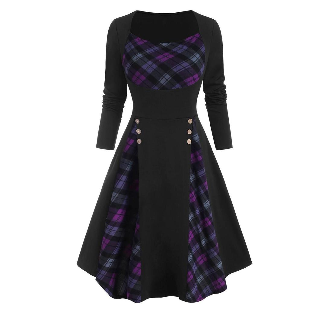 Abito da donna a maniche lunghe con bottoni finti patchwork scozzese girocollo vintage