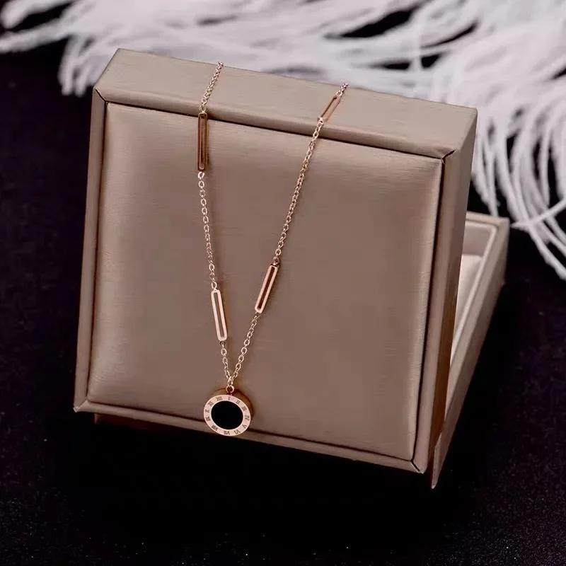 Gold Stainless Steel Roman Digital Wafer Pendant Necklace for Women Charm Chain of Clavicle Jewelry Accessory