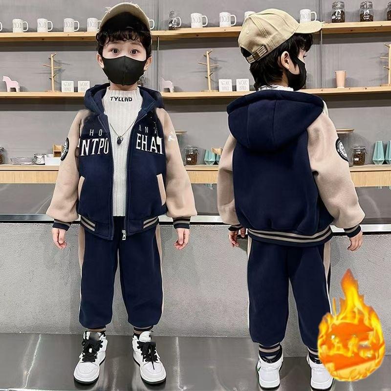 Winter Jungen Bekleidungssets Fleece Kleidung Sets für Kinder Buchstaben Kinder Jacke+Hose 2-teilige Anzüge Baby Trainingsanzug