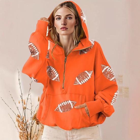Hooded Sweatshirt for Women Half Zip Oversized Hoodies with Sequin Rugby Print Fall Casual Pullover Tops with Pockets