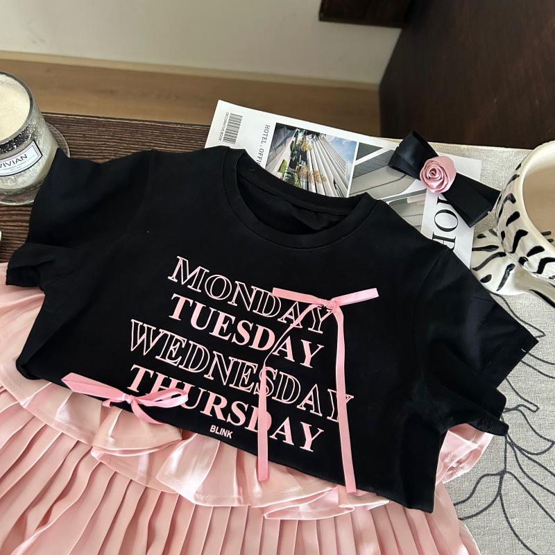 Korean Style Girls' Letter Print T-Shirt & Pleated Skirt Set - 2025 Summer Collection