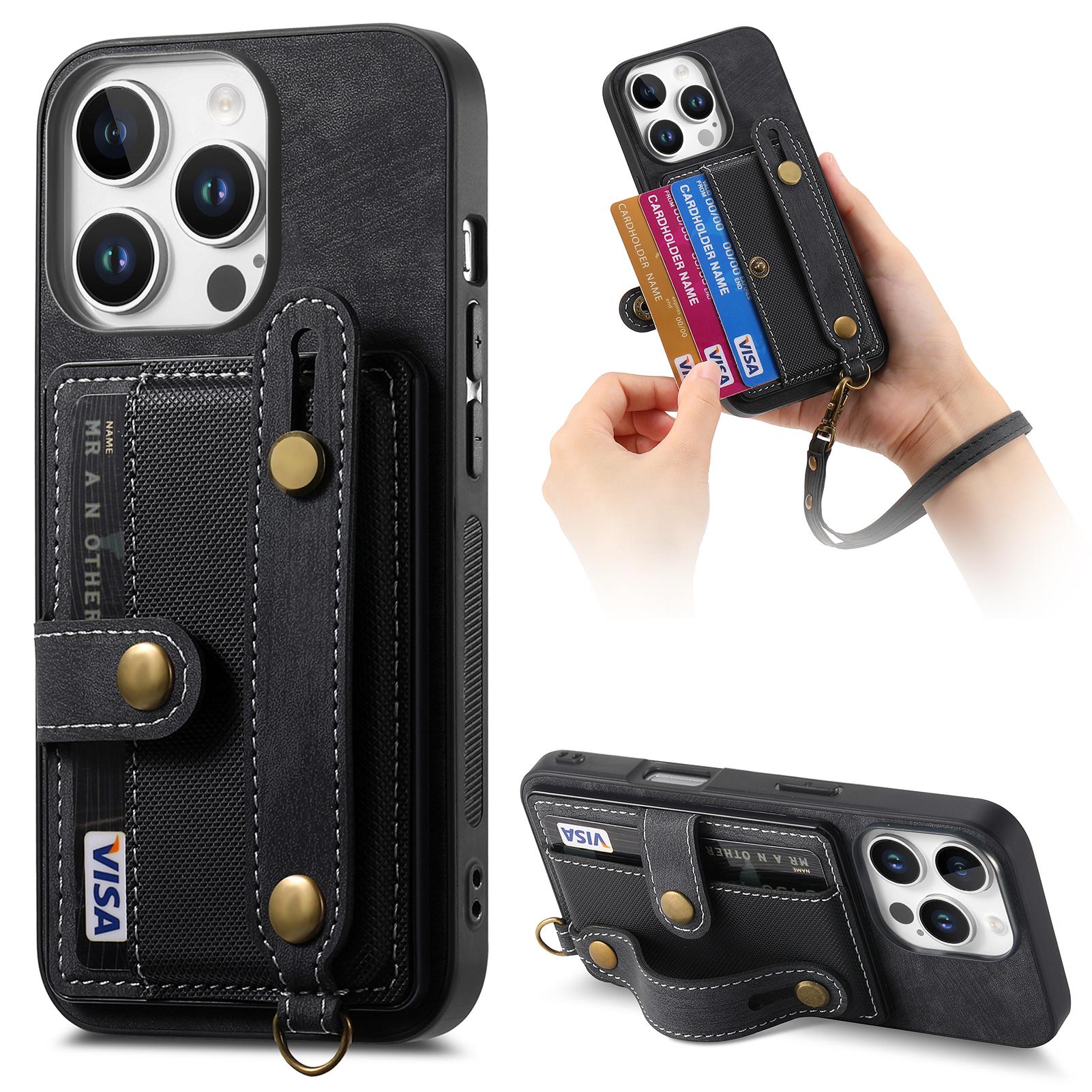 

For iPhone 16 Pro Max Case Wristband Kickstand PU Leather Retro Back Cover Card Holder Black