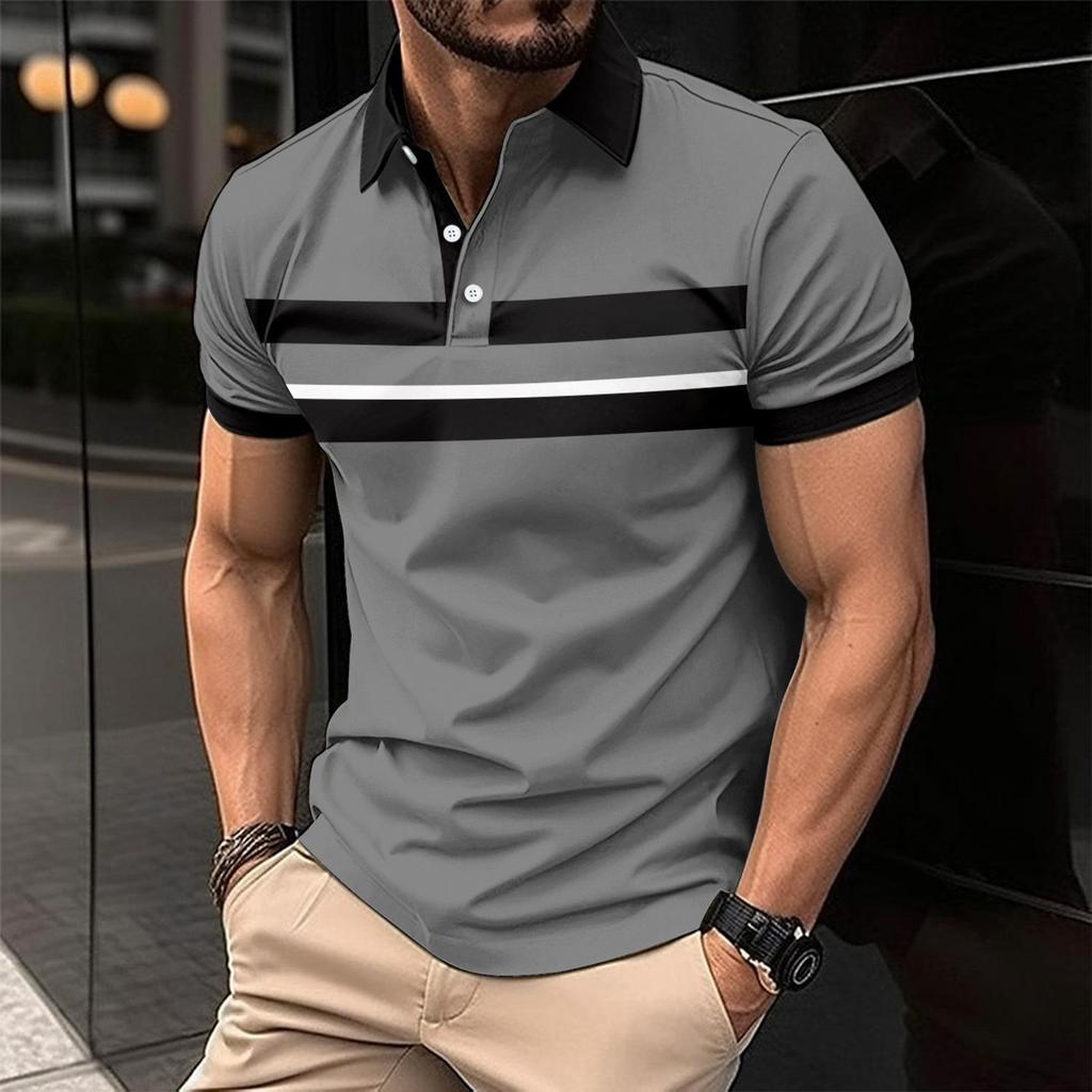 New Men's Casual Polo Shirt Lapel Striped Button Down Business Digital Printing Versatile Tops