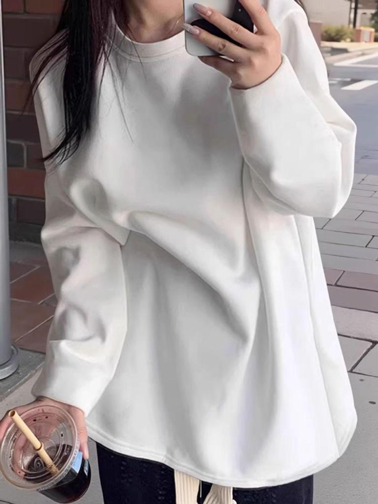 Minimalist Women's Warm Cotton Long-Sleeve T-Shirt for Spring, Autumn, Winter