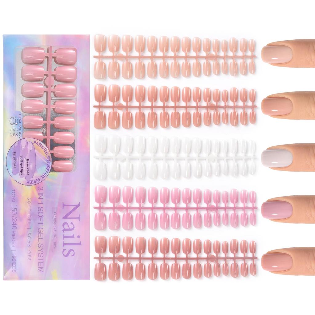 150pcs 3-IN-1 Press On Nails Nude Color Wearable Fake Nail Tips Full Cover Artificial Fingernails Almond Ballet Nail Extensions