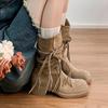 Cowhide Version~ Thick-soled Boots Female Waste Retro Style Knight Boots Genuine Leather Matte Fringed Hemp Rope Thick Heel Medium Boots