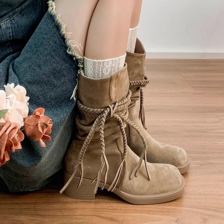 Verze z hovězí kůže~ dámské boty na silné podrážce v retro stylu, rytířské boty z pravé kůže, matné s třásněmi, jutový provaz, silný podpatek, středně vysoké boty