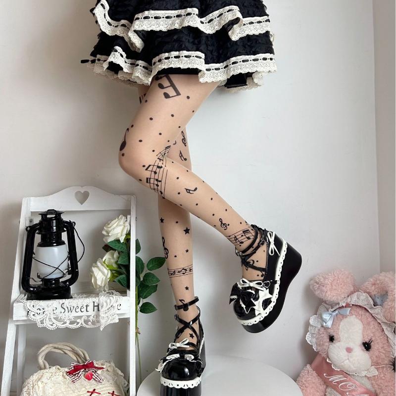 1 Pair Sweet Y2K Girls Stocking Tights Club Party Pantyhose Musical Note Black Women Stocking Symbol Print Lolita Tights Hosiery