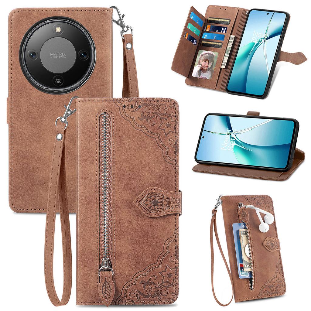 For Honor Magic8 Lite 5G/X9d 5G/X70 5G Zipper Wallet Case with Strap Flower Imprint PU Leather Phone Cover