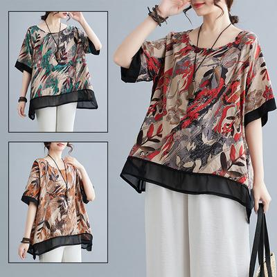Cotton and Linen Large-size Women's Summer New Style Literary Print Loose Meat Cover Casual Versatile Round Neck Short-sleeved T-shirt Top