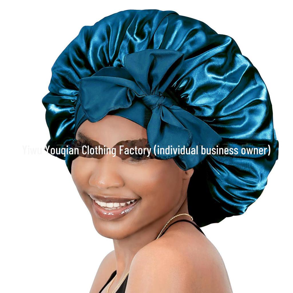 Elastische Schlaf- und Duschhaube aus Satin mit breiter Krempe für Damen – einfarbig, Größe L