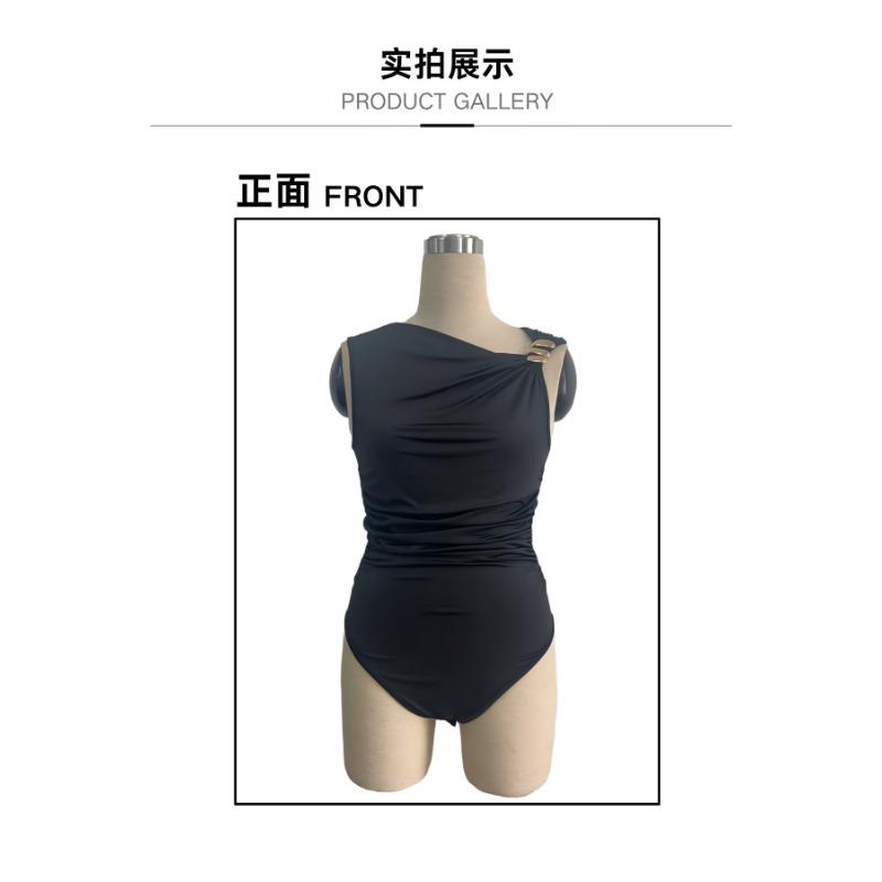 Women Black Sleeveless Oblique Shoulder Metal Buckle Slim Waist Fitted Bodysuit